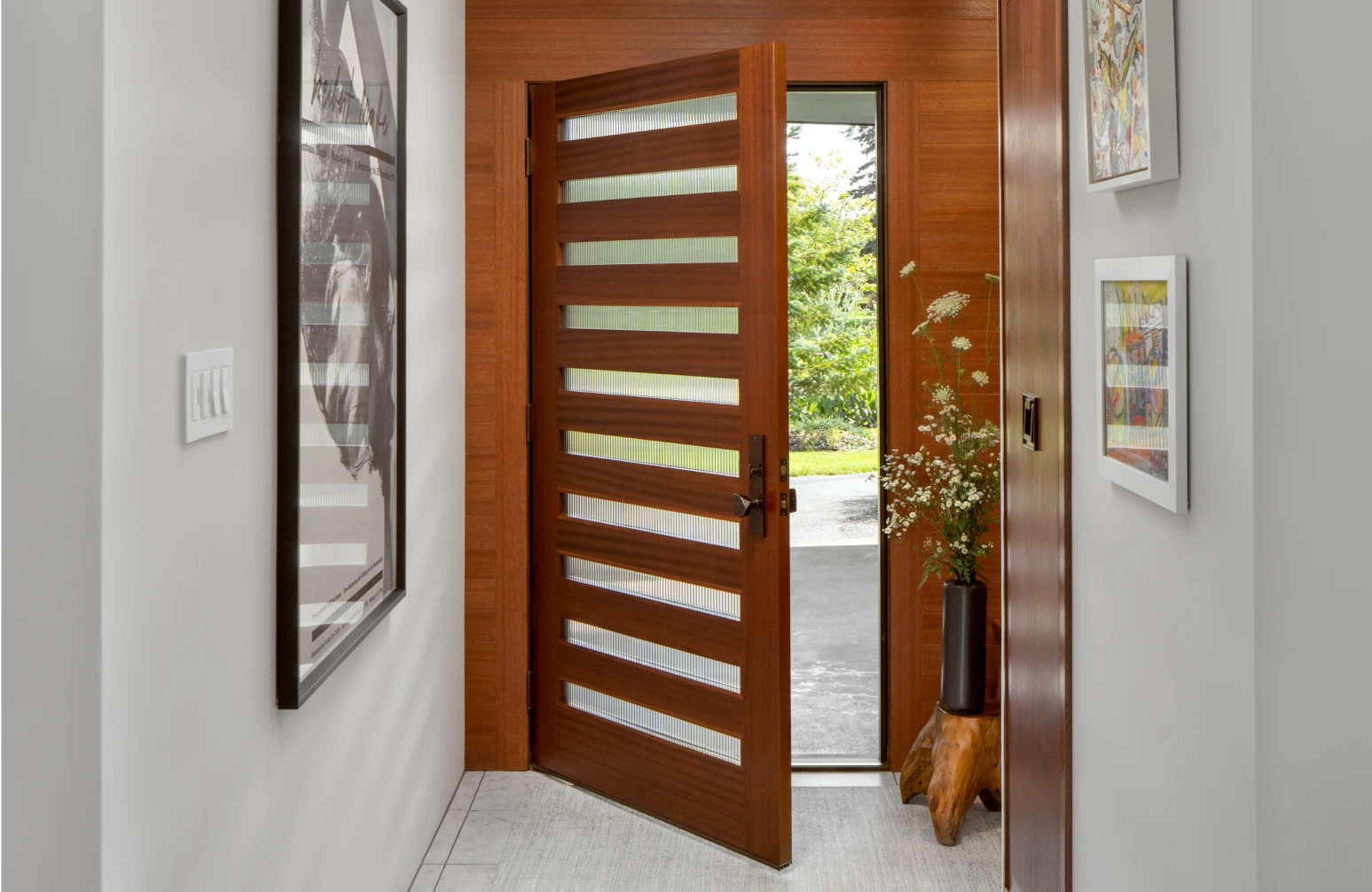 Custom wood door with horizontal glass