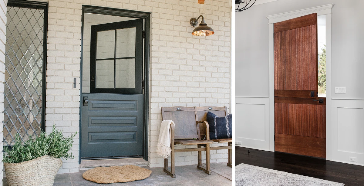 Exterior and interior wood Dutch doors installed in a home.