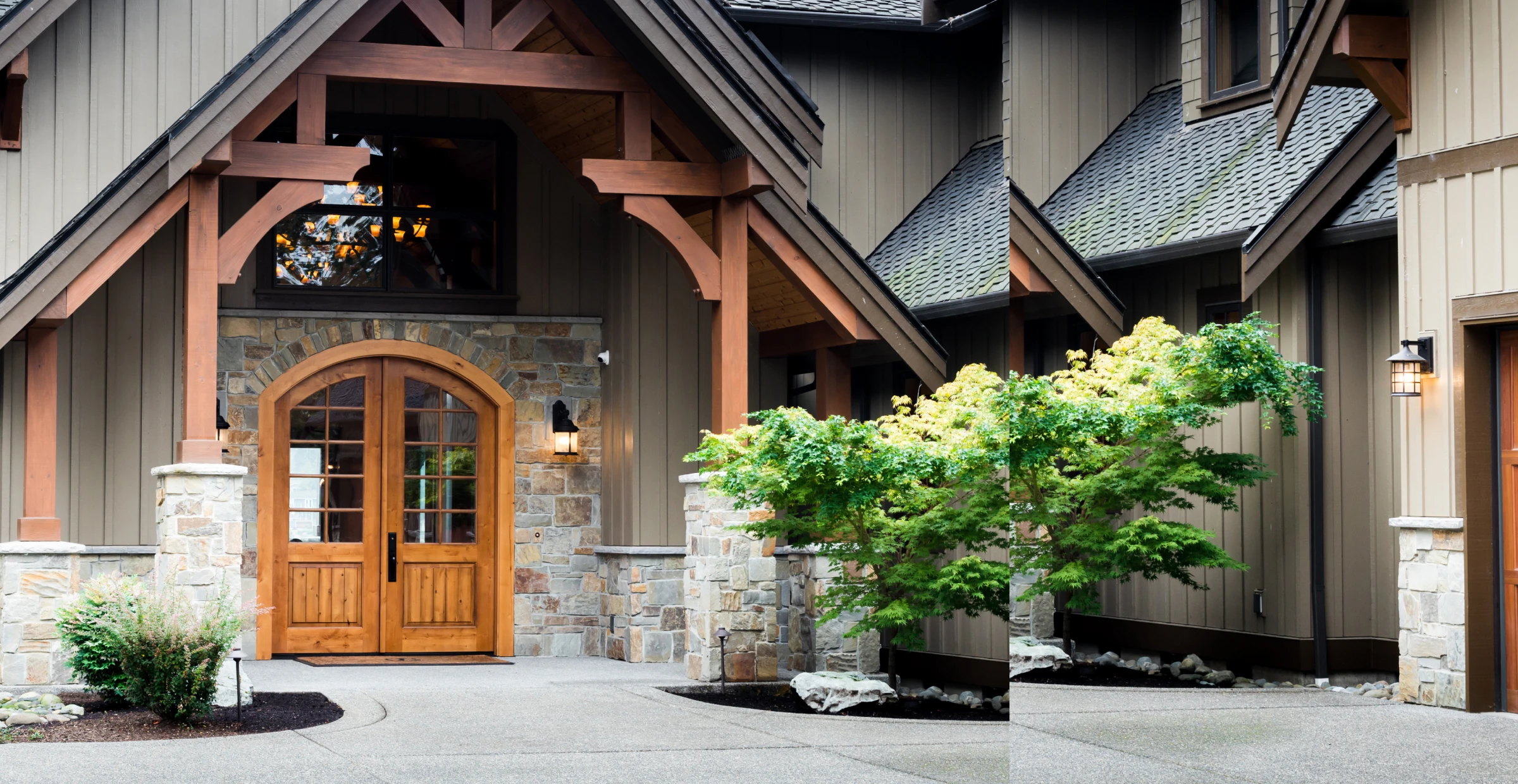 House entrance with wooden double doors, stone and wood accents, and beige vertical siding